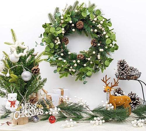 20 Inches Vintage Christmas Wreath Classic Christmas Wreaths for Front Door Rustic Holiday Winter Wreath with White Berry Pine Cones for Doors Windows Indoors Outside Hanging Decoration