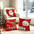 Ni-JASW Red Christmas Throw Pillow Covers 18x18 inch Set of 4, Old Fashioned Santa Snowman Merry Christmas Cushion Covers for Couch Sofa Holiday Decor