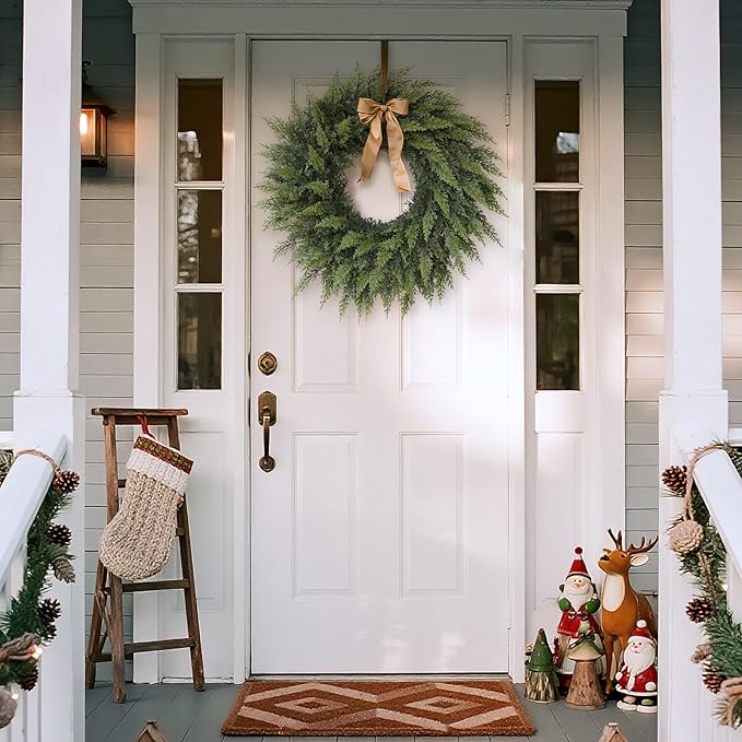 24" Real Touch Artificial Cedar Wreath - Faux Christmas Wreaths for Front Door,Faux Pine Green Wreath for Home, Holiday, Fireplace, Mantle,Wall, Windows, Xmas, Outdoor Decoration