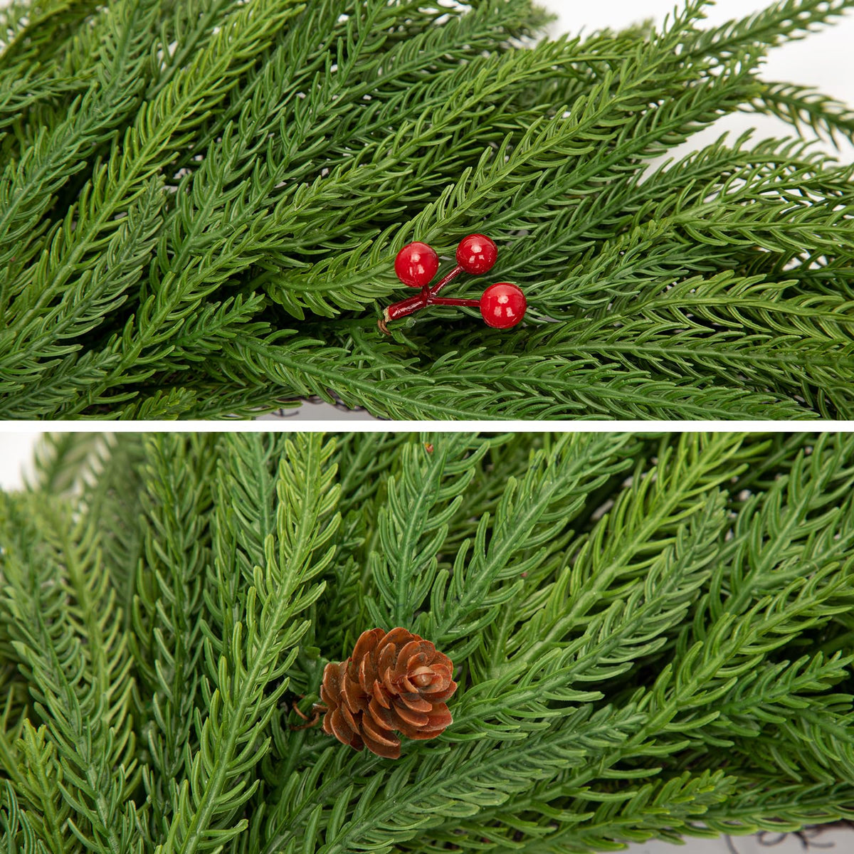 Hollyone 16" Real Touch Norfolk Pine Wreath for Front Door Small Artificial Winter Pine Plant with Red Berry Pinecone Greenery Christmas Wreath Window Walls Xmas Decor Indoor Outdoor Home Decoration