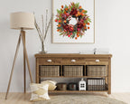 Svndlyn 22 Inch Fall Chrysanthemum Wreath Harvest Floral Wreath with Apples Pinecones Berries and Eucalyptus Maple Leaves for Fall Thanksgiving Halloween Mantel Table Outdoor Front Door Wall Window