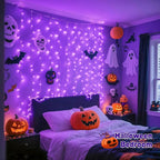 JMEXSUSS 200 LED Halloween Curtain Lights Battery Operated & USB Plug in, 6.6 x 6.6 ft Hanging String Lights Indoor with Remote, Purple Halloween Lights for Bedroom Backdrop Party Outdoor Decorations