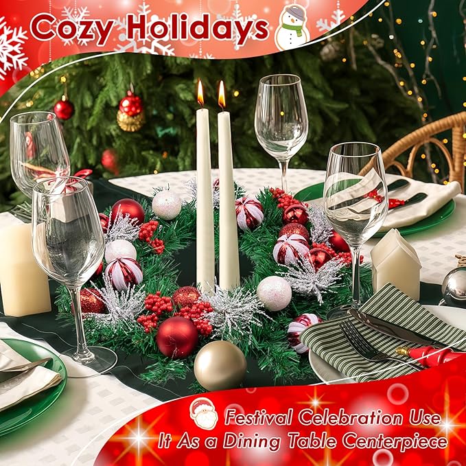 Christmas Wreaths for Front Door Outside Decor, 20" Peppermint Candy Ball Ornaments Pine Branches Winter Artificial Wreath Decorations with Bow Hanging Sign for Xmas Home Door Wall Window Fireplace