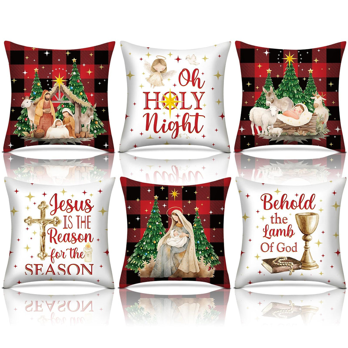 FuWeave 6 Pcs Christmas Pillow Covers 18 x 18 Inch Decorative Lime Green Red Xmas Pillow Cushion Case Pillowcase Square Christmas Pillow Covers for Home Sofa Couch Decorations (Nativity Scene)
