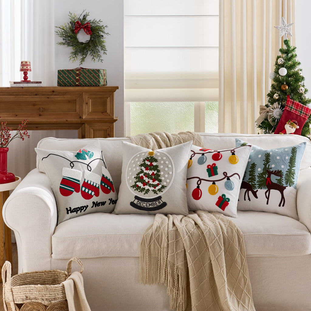 Farmhouse Christmas Pillow Covers 18x18 Set of 2, Xmas Embroidered Throw Cushion Cases with Festive Patterns for Rustic Home Holiday Decor (New Year White, 18" x 18" (Pack of 2))