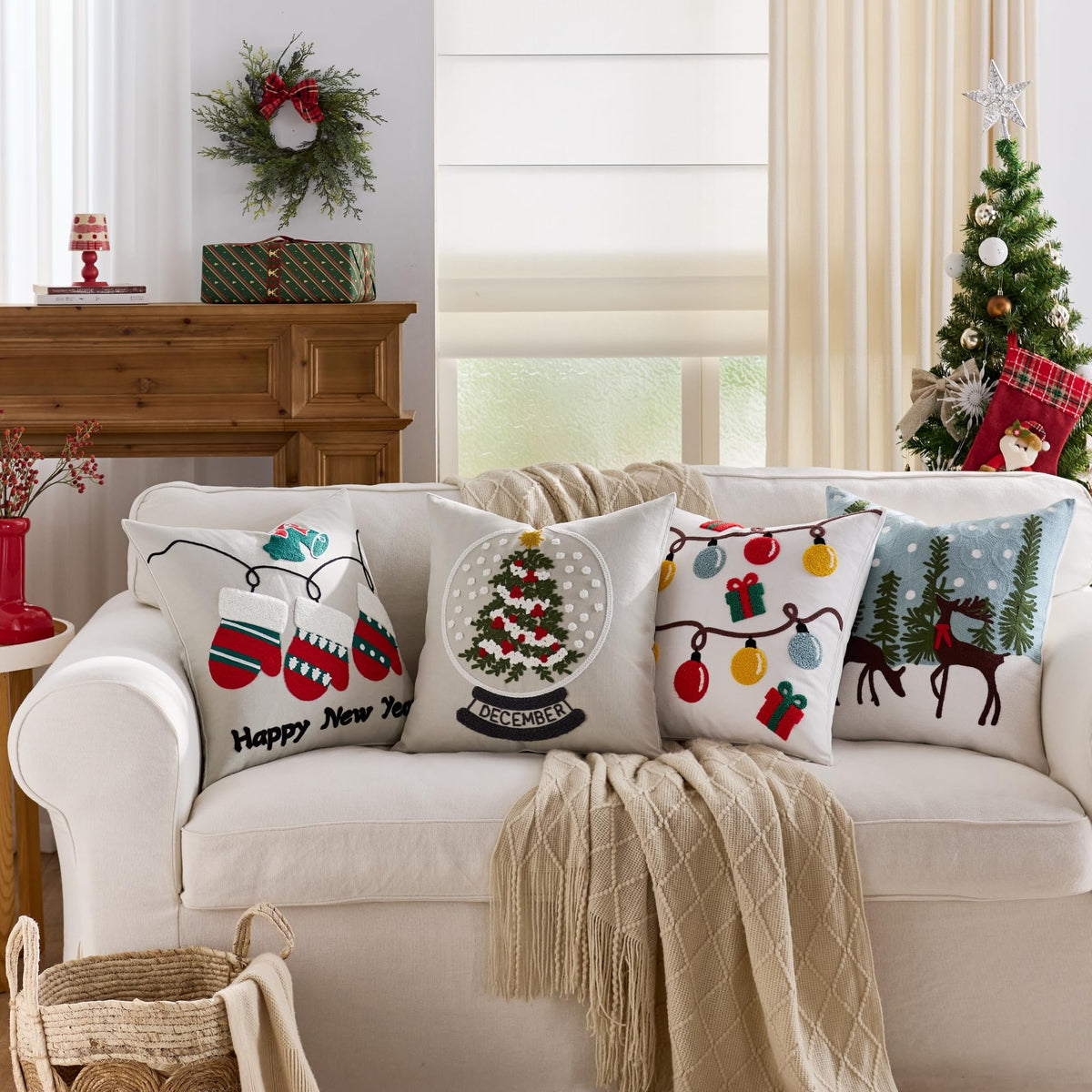 Farmhouse Christmas Pillow Covers 18x18 Set of 2, Xmas Embroidered Throw Cushion Cases with Festive Patterns for Rustic Home Holiday Decor (New Year White, 18" x 18" (Pack of 2))