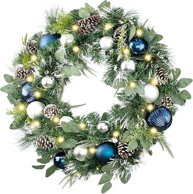WANNA-CUL Pre-Lit 30 Inch Large Christmas Wreath for Front Door with 50 Led Lights, Silver Blue Lighted Christmas Door Wreath Decor with Ball Ornaments,Pine Cones, Battery Operated