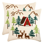 LUOYEHK Christmas Pillow Covers 18x18 Set of 2 House and Deer Decorative Beige Pillow Cases Winter Holiday Velvet Embroidered Cushion Covers for Couch Sofa Bed