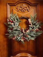 Artificial Christmas Door Wreath, Christmas Wreaths for Front Door, Window Wreaths with Pine Cone, Red Berries, Burlap Ribbon & Snowflake, Holiday Indoor/Outdoor Wreath Decorations, 23 inch