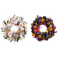 Valery Madelyn 18 Inch Halloween Wreath for Front Door with Lights, Pre-Lit Fall White Pumpkin Skull Wreath Pink Roses Halloween Decorations for Home Porch Table Centerpiece Party Holiday Autumn Decor
