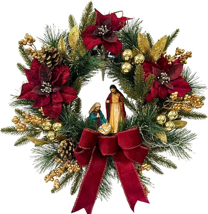 22 Inch Pre-Lit Artificial Christmas Wreath with Red Artificial Poinsettia Flowers Jesus Figurine Nativity Scene Glitter Ball Ornaments PineCones Golden Berries for Christmas Decor Front Door
