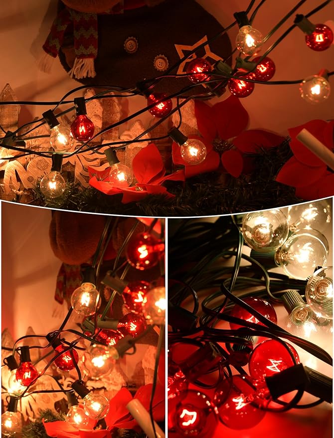 SUNSGNE G40 Red and White Christmas Lights, 25FT Christmas Globe Lights with 25 Clear Red and White Round Bulbs for Outdoor Indoor Xmas Pergola Gazebo Patio Yard Decorations