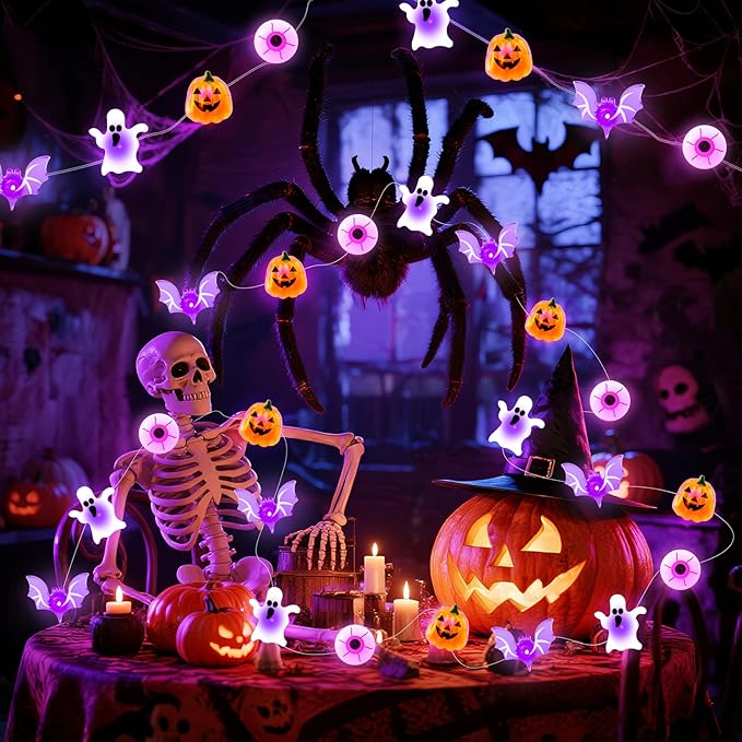 Halloween String Lights, 16 ft 50 LED Pumpkin Bat Eyes Ghost Battery Operated Lights for Lawns Garden Outdoor Holiday Party Halloween Decorations (2 Pack)