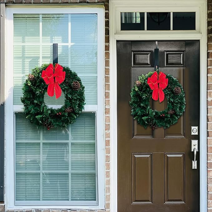 Solar Christmas Wreath 24 Inches Pre-Lit Solar 50 Led Artificial Wreath Outdoor Front Door Window Christmas Decor with Frosted Branches Pine Cones Berry Clusters Red Velvet Bows (2401)