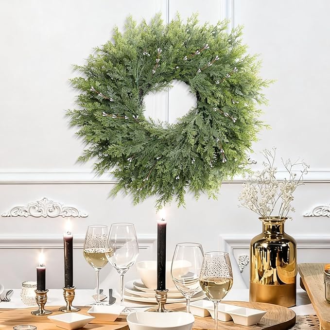 26'' Lush Christmas Cedar Wreath for Front Door, Porch, Window- Artificial Cedar Leaves Greenery Outdoor Christmas Wreath for Home, Farmhouse Wall Decor- Spring, Summer, Fall, Christmas Decor
