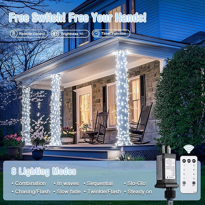 JMEXSUSS 400 LED White Christmas Lights Outdoor Decorations, 132ft Christmas Tree Lights with Remote, Indoor String Light Plug in for House Xmas Bush Decor