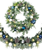 WANNA-CUL Pre-Lit 30 Inch Large Christmas Wreath for Front Door with 50 Led Lights, Silver Blue Lighted Christmas Door Wreath Decor with Ball Ornaments,Pine Cones, Battery Operated