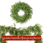 24" Prelit Christmas Wreath for Front Door, Real Touch Norfolk Pine Wreath Thick & Soft Christmas Wreaths with Light, Timer, Norfolk Pine Cypress Leaf Christmas Door Wreath for Home Wall Outdoor Decor