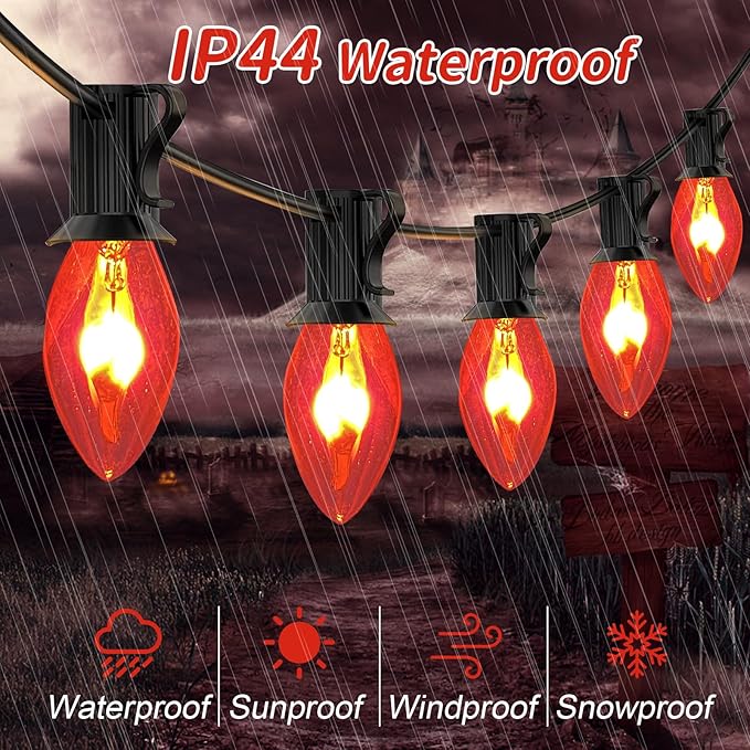 25Ft Halloween Flickering Flame Lights, C7 Orange Halloween Decoration with 27 Clear Flame Bulbs, Waterproof Connectable Patio Lights for Christmas Indoor Outdoor Decor, E12 Candelabra Base