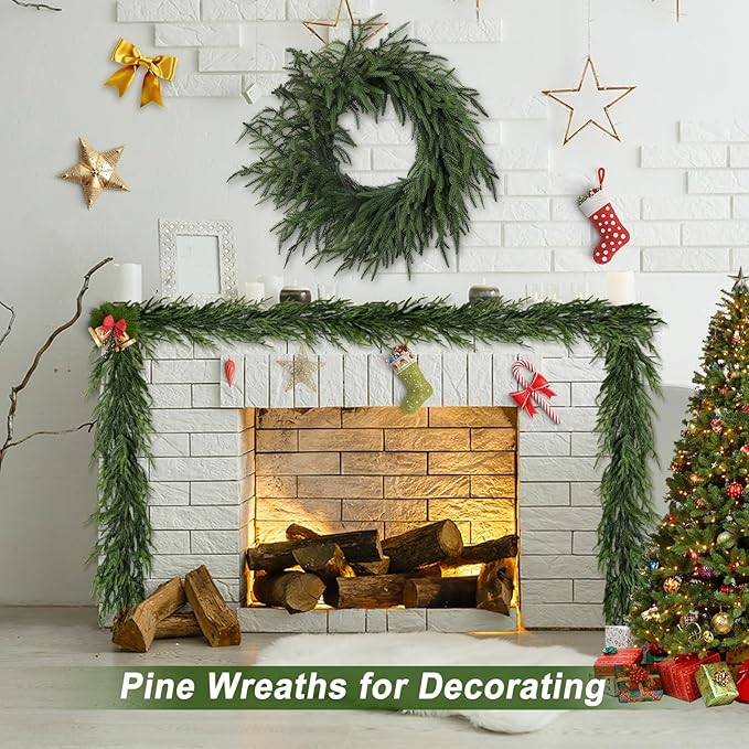 Artgar 24 Inch Christmas Pine Wreath Christmas Wreaths for Front Door, Real Touch Artificial Green Pine Wreath for Home Indoor Outdoor Wall Window Porch Farmhouse Winter Decor