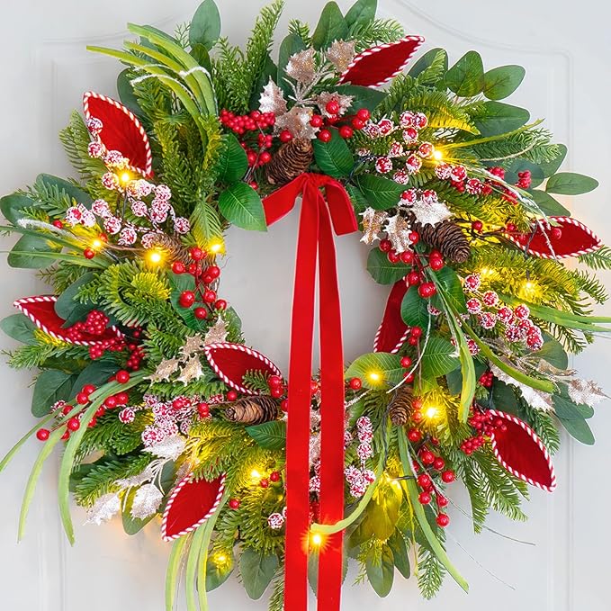 Christmas Wreath with Lights,Outdoor Pre-lit Christmas Wreaths for Front Door-24 Inch Xmas Door Wreath with Pine Needles Pine Cones and Red Berries- Farmhouse Home Christmas Decorations
