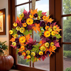 YULETIME 24" Fall Wreath, Artificial Autumn Wreath with Red, Orange, Green Maple Leaves and Orange, Purple, Green-Yellow Pumpkins (Pumpkin & Maple Leaf)