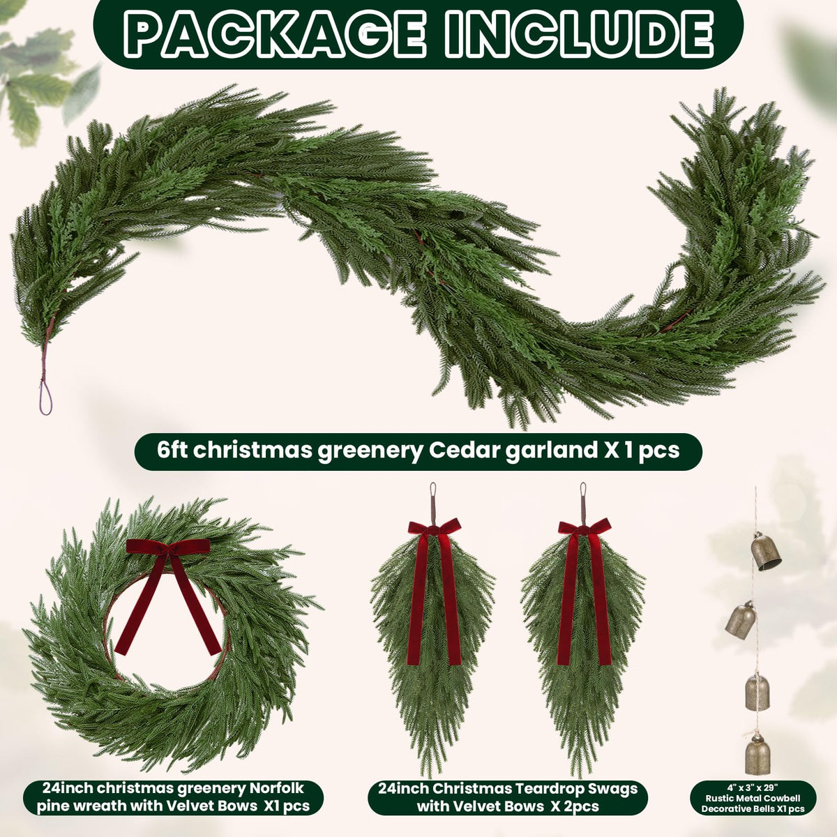 Syhood Christmas Norfolk Pine Garland with 24" Wreath 2 Real to Touch Teardrop Swags and Gold Metal Bells Set, Soft Realistic Artificial and Cedar Greenery for Indoor Outdoor Holiday Decor(Red,6ft)