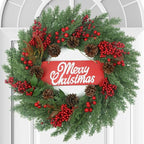 Christmas Wreaths for Front Door,Winter Wreaths for Indoor and Outdoor Decorations,Christmas Door Wreath with Pine Cones and Leaves,Berries,Wood Sign for Decor