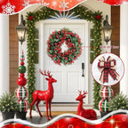 Christmas Wreaths for Front Door Outside Decor, 20" Red Berries Ornaments Balls Pine Branches Winter Artificial Wreath Decorations with Plaid Bow for Xmas Holiday Home Wall Fireplace Indoor Porch