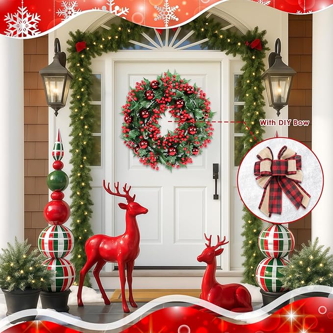 Christmas Wreaths for Front Door Outside Decor, 20" Red Berries Ornaments Balls Pine Branches Winter Artificial Wreath Decorations with Plaid Bow for Xmas Holiday Home Wall Fireplace Indoor Porch
