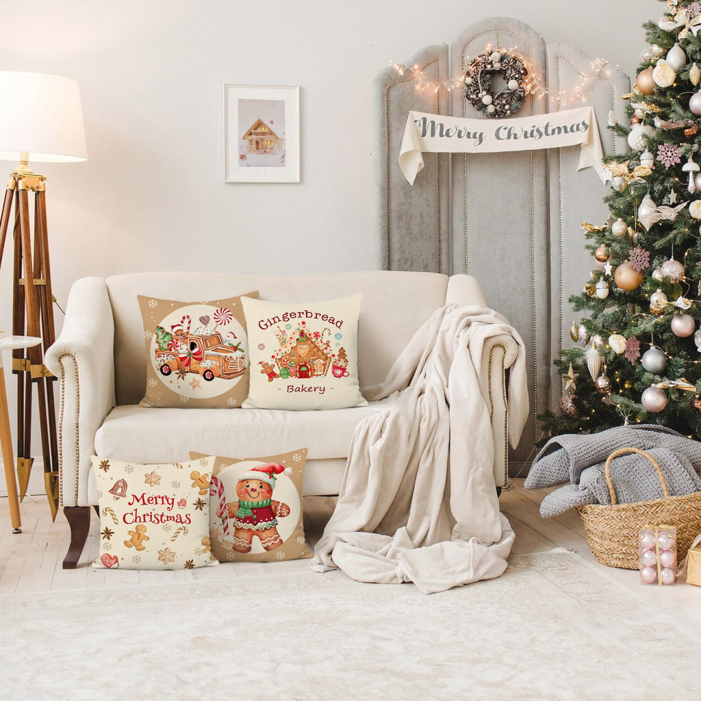 Bonhause Christmas Gingerbread Throw Pillow Covers 18x18 Inch Man House Truck Xmas Bakery Decorative Pillows for Couch Sofa Home Winter Holiday Decor Set of 4
