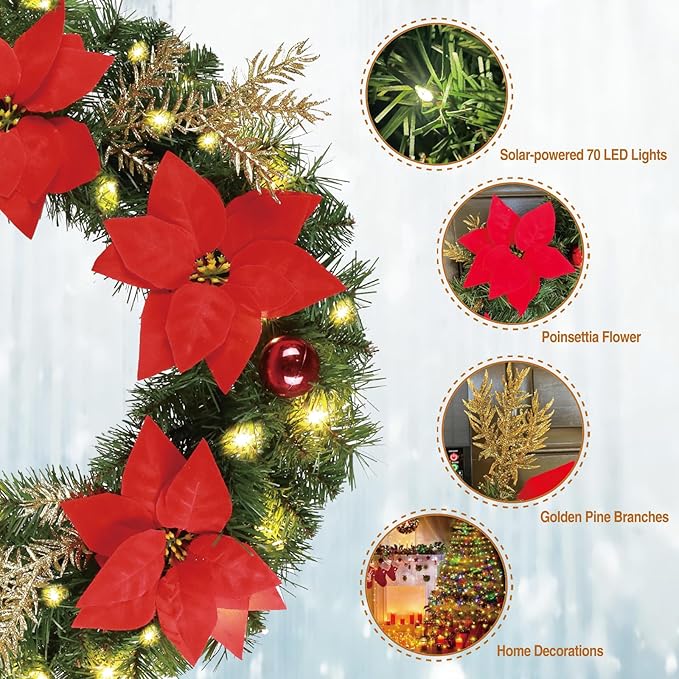 Solar Christmas Wreath 30 Inches Pre-Lit Solar 70 Led Artificial Wreath For Front Door Window Outdoor Christmas Decor with Poinsettias Golden Glitter Pine Branches Christmas balls(3003)