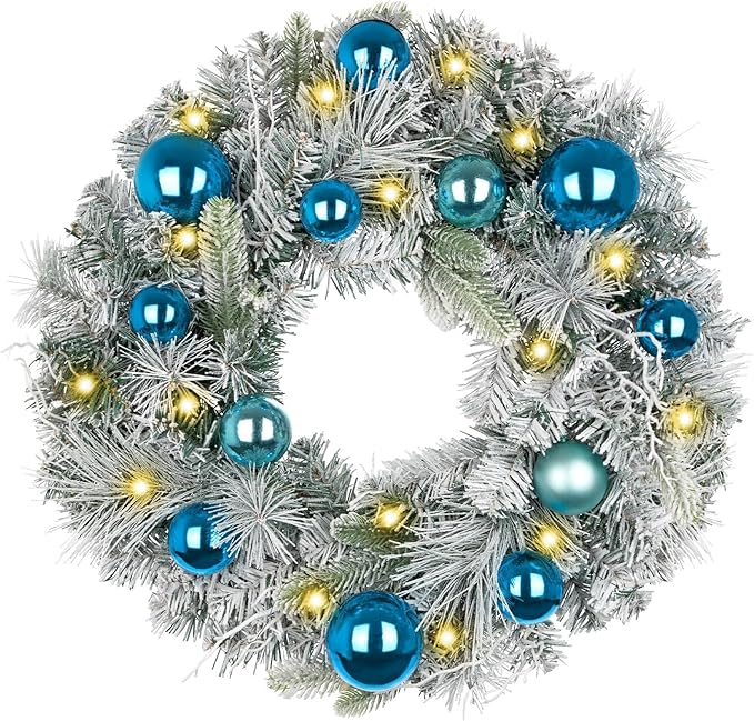 24 inch Christmas Wreath,Winter Pine Wreaths with Blue Ball LED Lights for Front Door for Fireplace Xmas Decorations, Wall Window Indoor Outdoor Decor