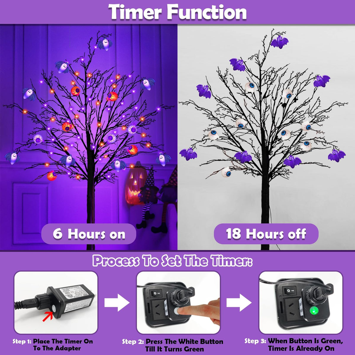 Timer - 5FT Orange & Purple Black Halloween Tree with 64 LED & 8 Bats & 8 Eyeballs DIY Ornaments, Halloween Decorations Outdoor Black Spooky Trees for Indoor Home Yard Porch Holiday Party Lawns Decor