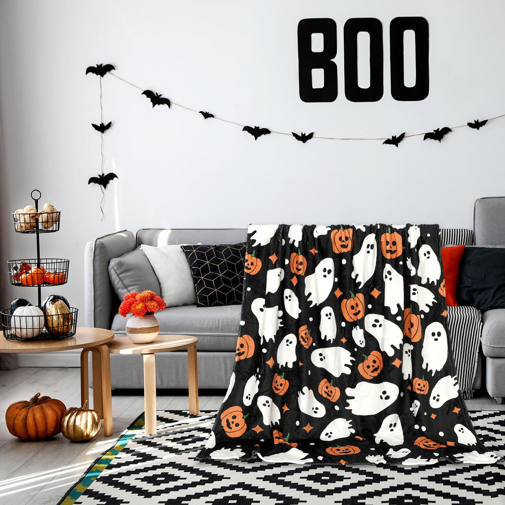 JarThenaAMCS Halloween Fuzzy Flannel Blanket Boo Ghost Pumpkin Throw Blanket Black Soft Blankets for Farmhouse Home Sofa Chair Bed Couch, 60 x 70 Inch