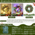 Christmas Wreaths for Front Door, Prelit Christmas Wreath with 30 Warm White & Colorful Lights 8 Modes Timer Pinecones Berried Norfolk Pine Wreath 20 Inch Xmas Wreath Decorations for Door Wall Windows