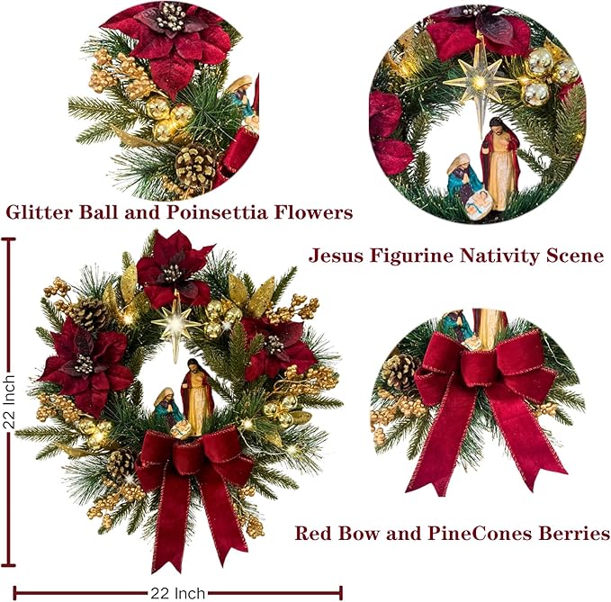 22 Inch Pre-Lit Artificial Christmas Wreath with Red Artificial Poinsettia Flowers Jesus Figurine Nativity Scene Glitter Ball Ornaments PineCones Golden Berries for Christmas Decor Front Door