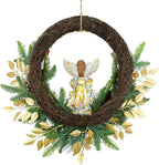 YULETIME 24" Angel Christmas Wreath, Artificial Holiday Wreath with Resin Angel Statue, Natural Rattan Ring & Pine Cones, Golden Leaves, Red Baubles, Spruce Branches, Snowy Pine Needles