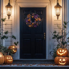 Valery Madelyn 18 Inch Halloween Wreath for Front Door with Lights, Pre-Lit Fall White Pumpkin Skull Wreath Pink Roses Halloween Decorations for Home Porch Table Centerpiece Party Holiday Autumn Decor