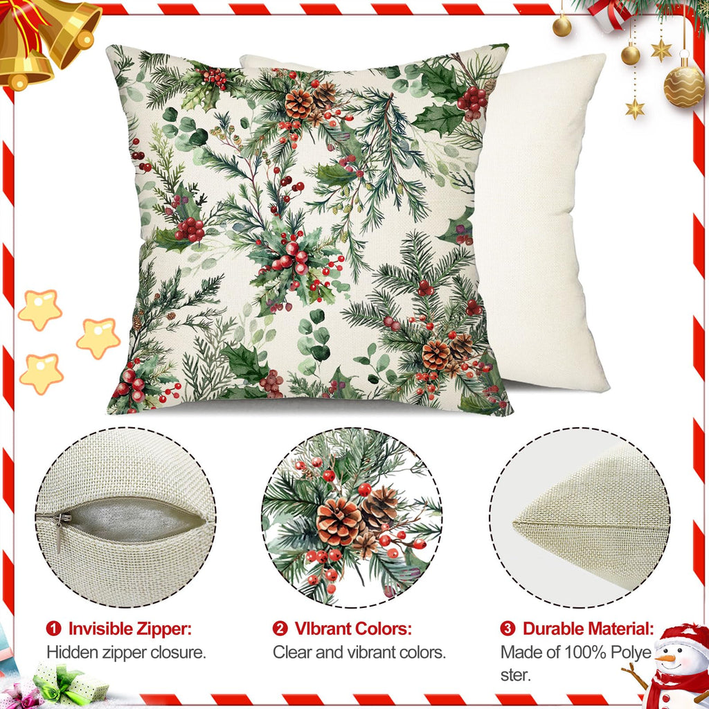 DFXSZ Christmas Pillow Covers 18x18 Inch Set of 2 Xmas Pine Branches with Red Berry Pine Cone Decorative White Throw Pillows Winter Christmas Decor for Home Couch ST025D18