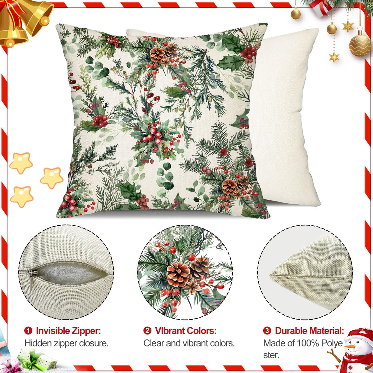 DFXSZ Christmas Pillow Covers 18x18 Inch Set of 2 Xmas Pine Branches with Red Berry Pine Cone Decorative White Throw Pillows Winter Christmas Decor for Home Couch ST025D18