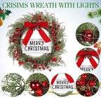 Lighted Christmas Wreath for Front Door with Metal Hanger 16'' Artificial Norfolk Wreath with Velvet Bow LED Lights Jingle Bells Pinecone Berries Christmas Holiday Winter Decor(Red)