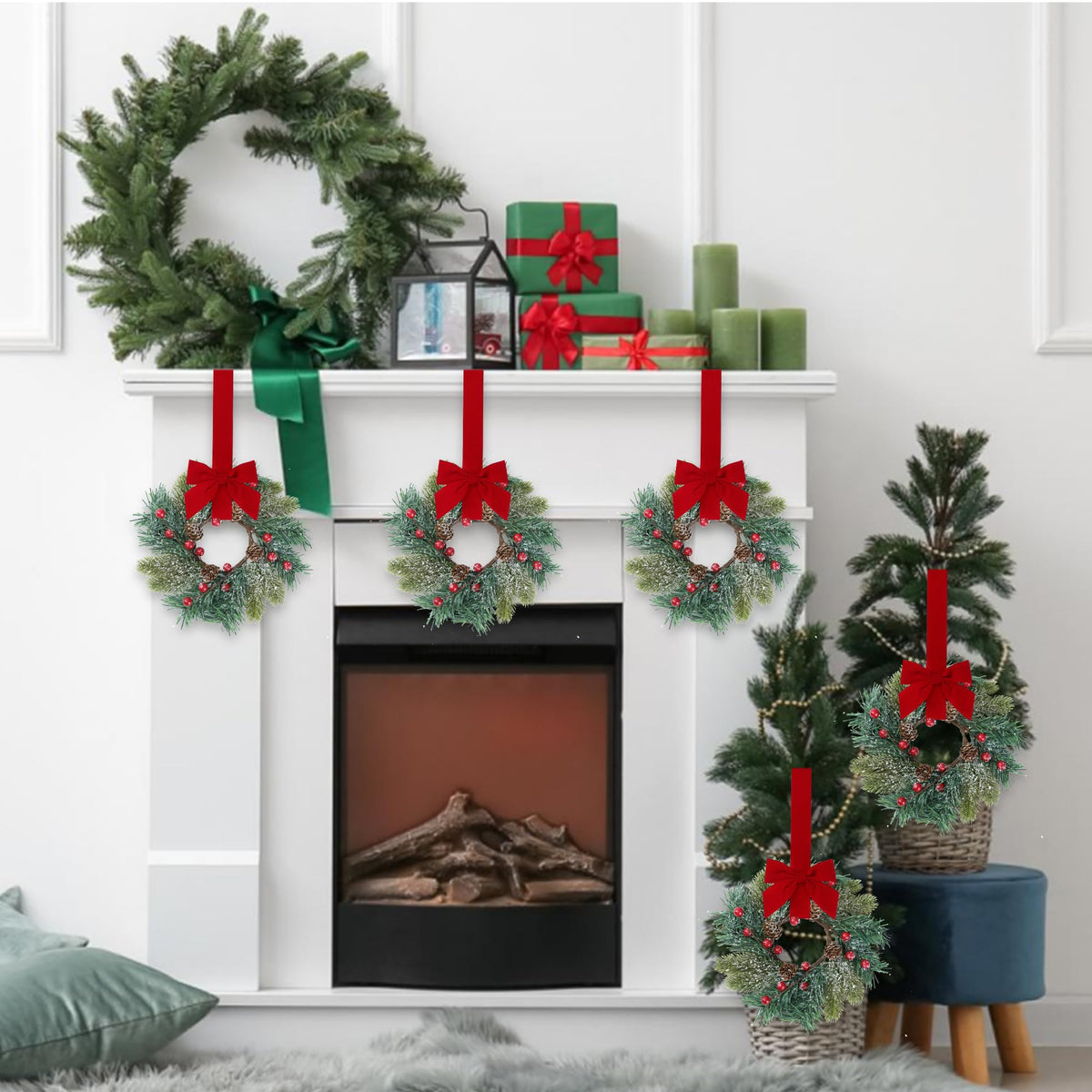 Sggvecsy 4 Pcs Christmas Candle Rings Norfolk Pine Wreath Table Centerpieces Artificial Red Berries Pinecones Small Wreaths Kitchen Cabinets Pillars Mini Candle Rings for Window Front Door Decor