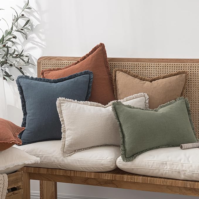 MIULEE Christmas Decorative Throw Pillow Covers Neutral Linen Fringe Throw Pillows Euro Shams Set of 2 Natural Beige Boho Farmhouse Cushion Covers for Couch Sofa Bed Living Room Home Decor 26x26 Inch