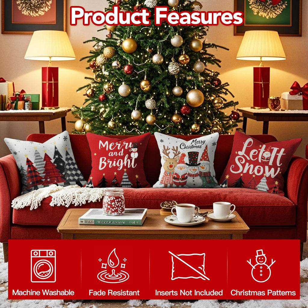 UPOFFICIS Christmas Pillow Covers 18x18 inch Set of 4, Christmas Decorations Cushion Covers, Xmas Pillow Covers, Pillowcases Throw Pillow Covers for Sofa Couch Home Decor