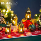 Romadedi Mini Lanterns Decorative for Centerpiece: 10pcs Hanging Small Gold Lantern Bulk with Flickering LED Candles for Wedding Decor Party Table Decorations Christmas Halloween, Batteries Included