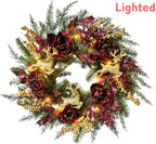 22 Inch Pre-Lit Artificial Christmas Wreath Rose Wreath with Glitter Christmas Deer Reindeers Figurine Decor Berries and Timer for Front Door Window Indoor Outdoor Festive Xmas Holiday