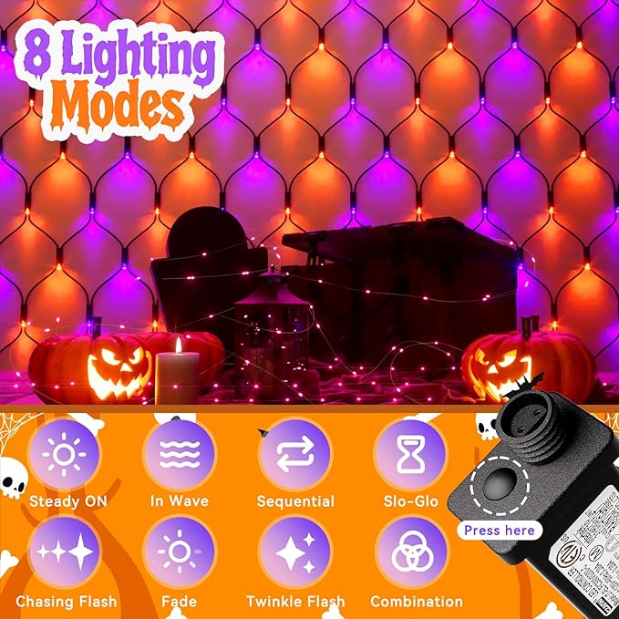 LitHome 21FT x 5FT Halloween Net Lights, 360 LED Purple Orange Bush Lights with 8 Modes, Connectable Waterproof Net Mesh Light Dark Green Wire for Bushes Shrubs Trees Outdoor Holiday Decor