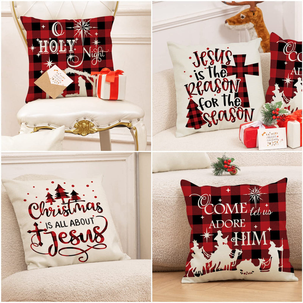 AnyDesign Christmas Pillow Cover 18 x 18 Inch Red Black Buffalo Check Plaids Holy Night Throw Pillow Case Decorative Cushion Cover Case for Farmhouse Home Couch Sofa, Set of 4