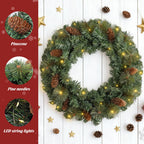 FR Artificial Pre-Lit Fir Christmas Wreath Holiday Accent Decoration, Wintry Pine, Decorated with Pine Cones, with LED Lights Battery Operated for Door, Mantel - 16 Inch